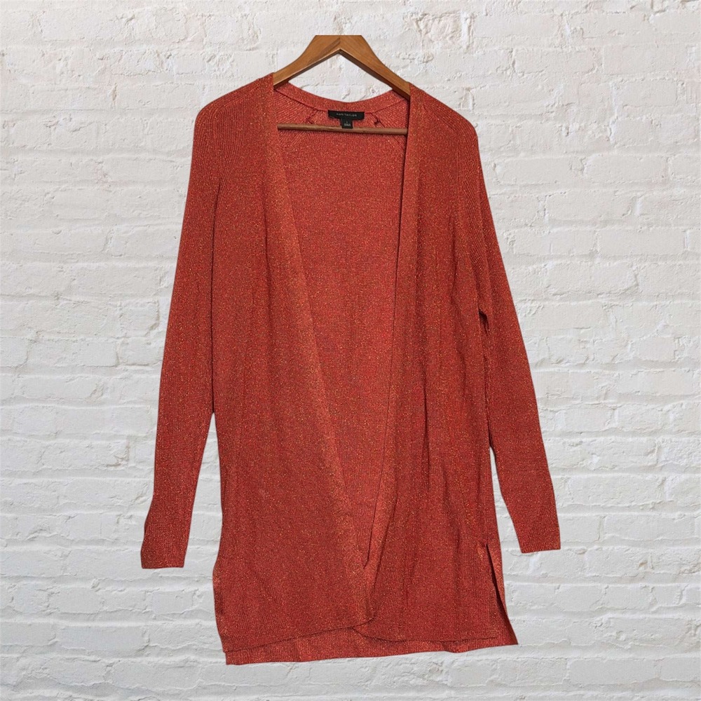 Ann Taylor Metallic Orange Open Front Cardigan Sweater Longline Rust Gold Small
